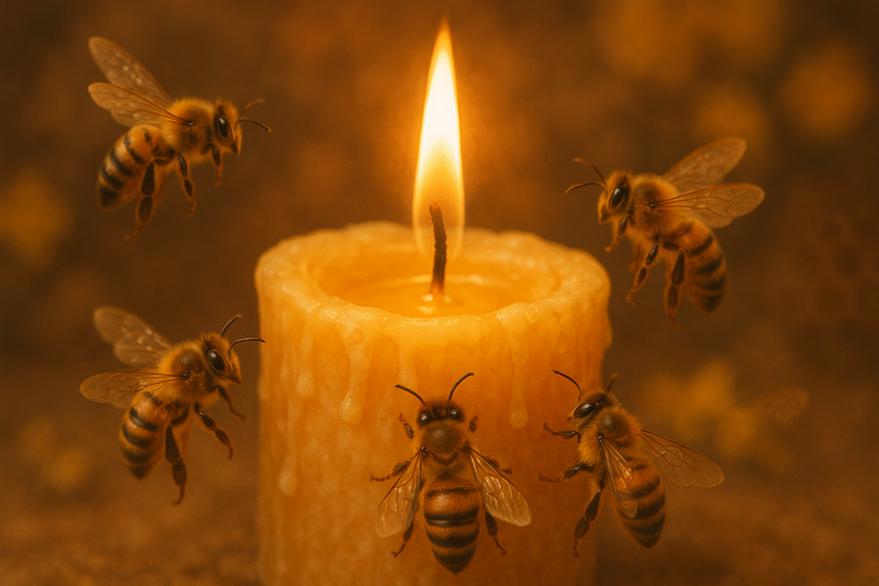 cozy candle with bees around it